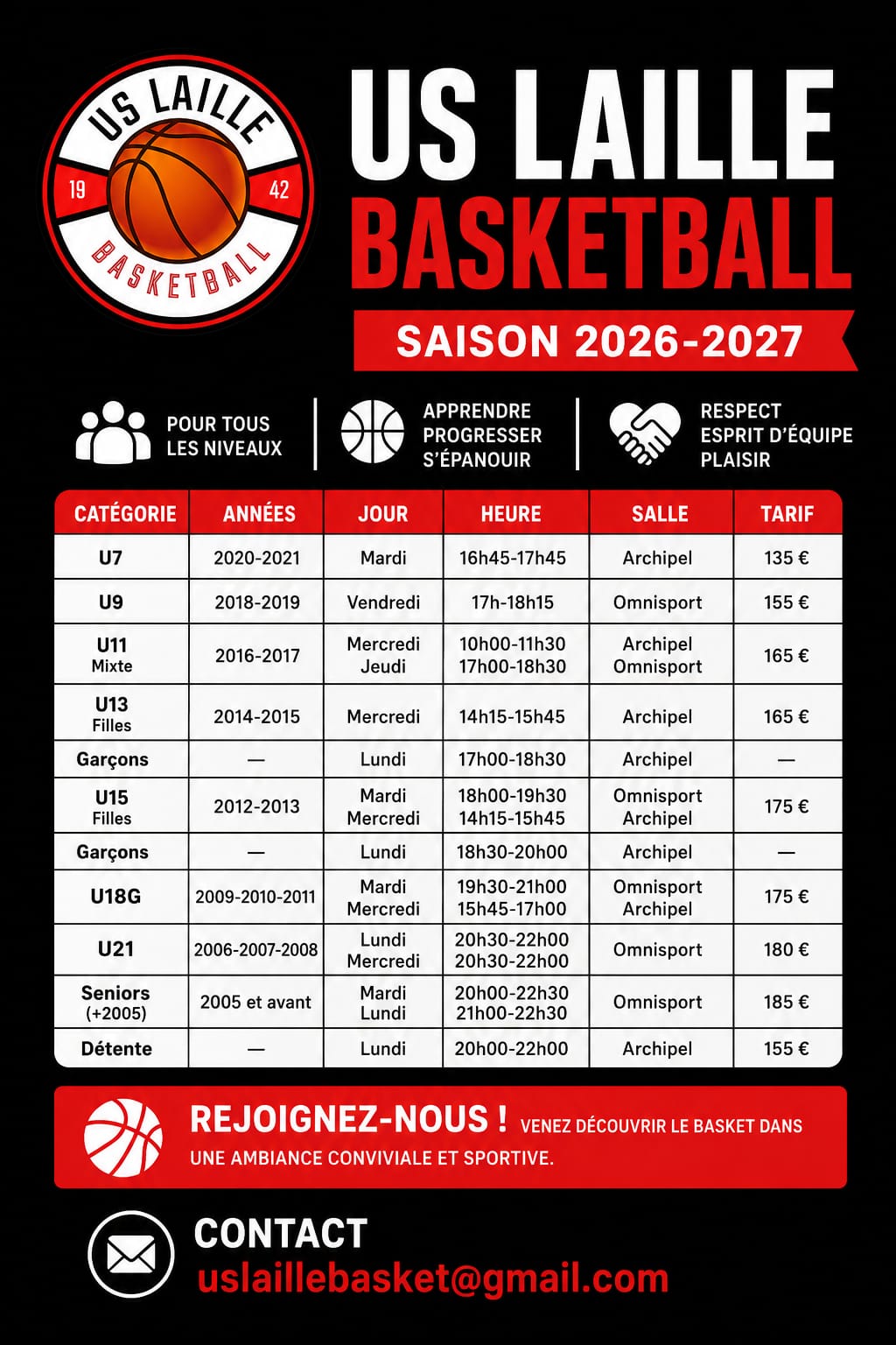 Planning des entraînements 2026-2027